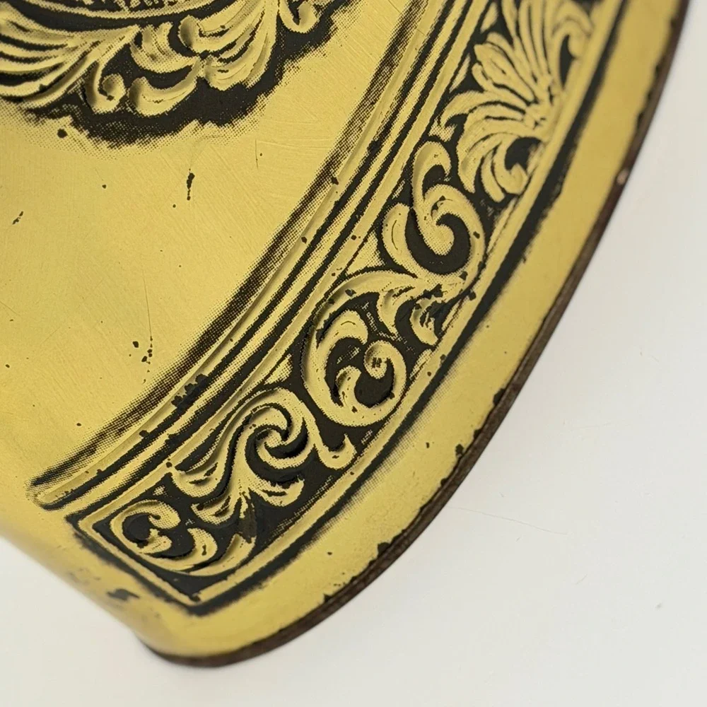 Vintage Gold Metal Oval Wastebasket Embossed Horse Carriage Village Scene 6in